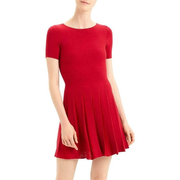THEORY Pleated Knit Tee Flare Dress Red Large NEW $455 - Picture 5 of 10